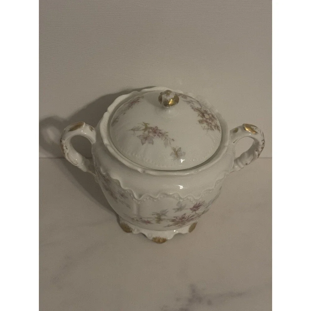 Vintage Antique Haviland Limoges Sugar Bowl with Lid Floral Gold France Pink Blu